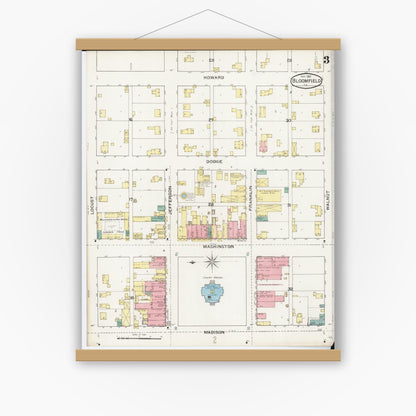 Old map wall art mockup — magnetic wood frame on white wall — Sanborn Fire Insurance Map from Bloomfield, Davis County, Iowa (1893), Sheet #0003