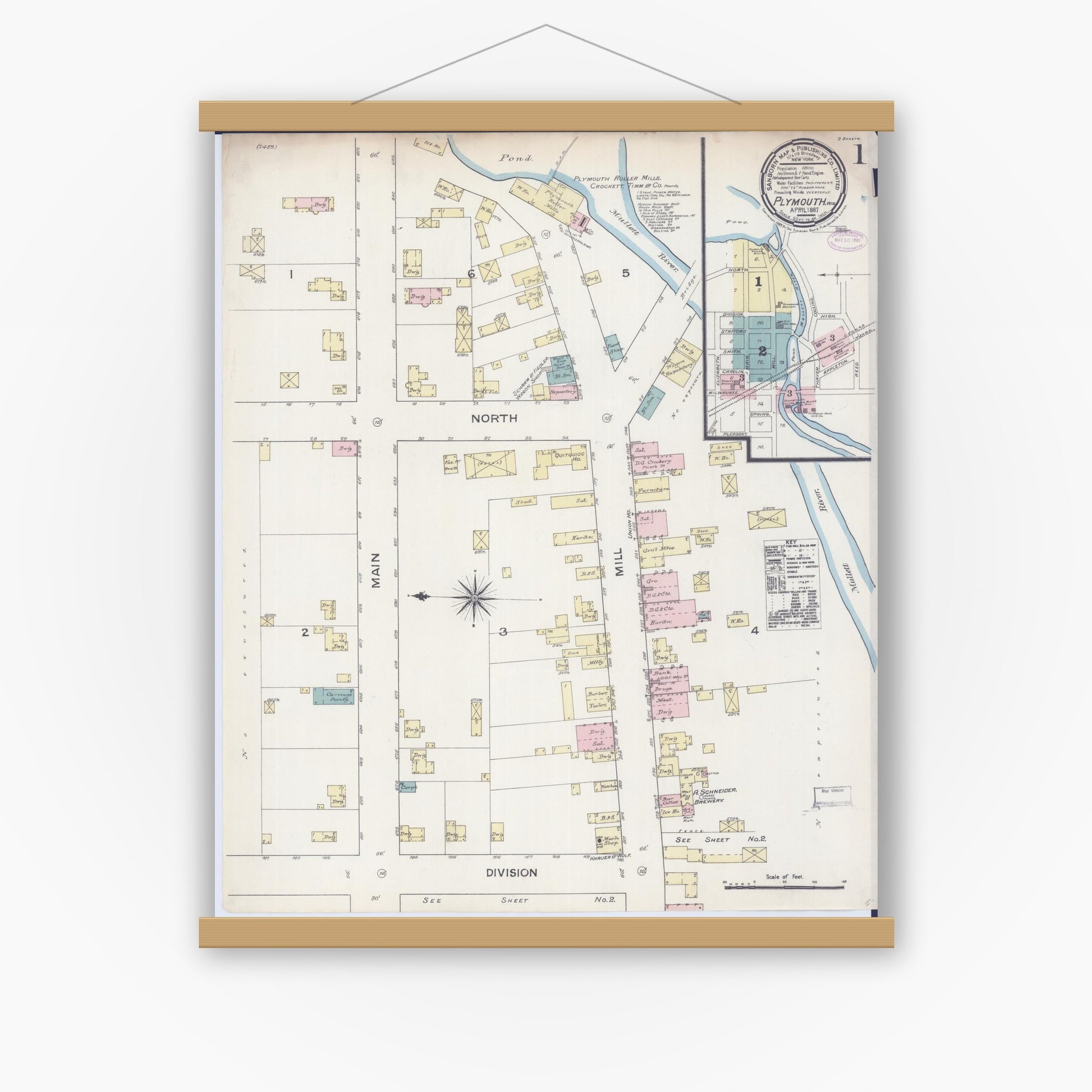 Old map wall art mockup — magnetic wood frame on white wall — Sanborn Fire Insurance Map from Plymouth, Sheboygan County, Wisconsin (1887), Sheet #0001