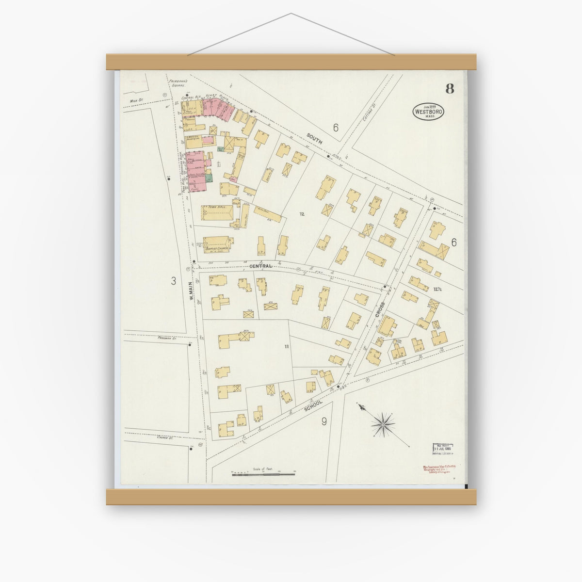 Old map wall art mockup — magnetic wood frame on white wall — Sanborn Fire Insurance Map from Westboro, Worcester County, Massachusetts (1899), Sheet #0008