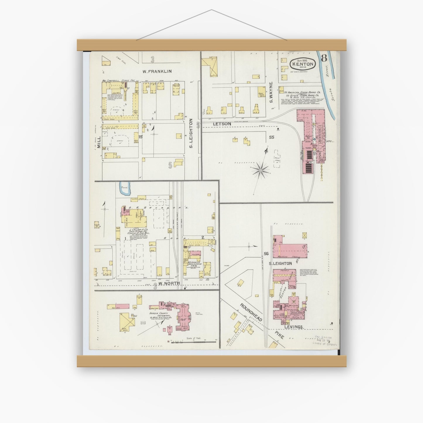 Old map wall art mockup — magnetic wood frame on white wall — Sanborn Fire Insurance Map from Kenton, Hardin County, Ohio (1892), Sheet #0008