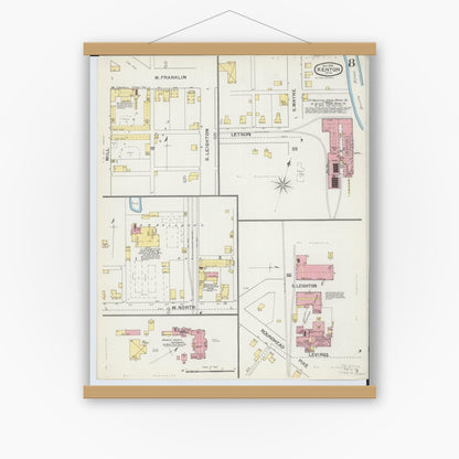 Old map wall art mockup — magnetic wood frame on white wall — Sanborn Fire Insurance Map from Kenton, Hardin County, Ohio (1892), Sheet #0008