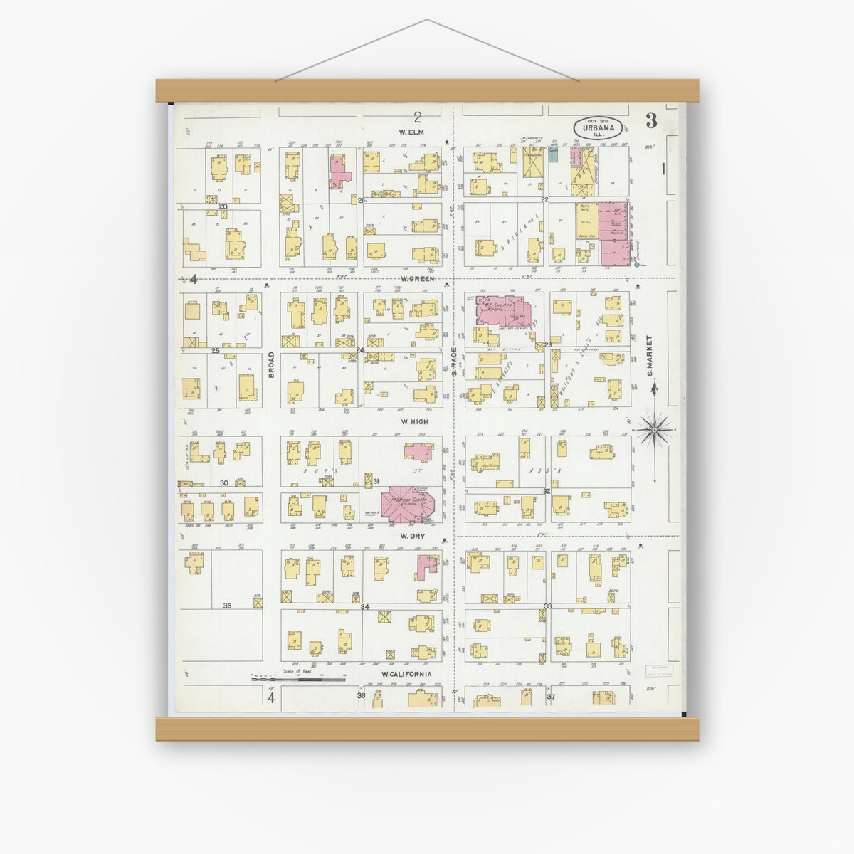 Old map wall art mockup — magnetic wood frame on white wall — Sanborn Fire Insurance Map from Urbana, Champaign County, Illinois (1902), Sheet #0003