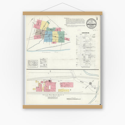 Old map wall art mockup — magnetic wood frame on white wall — Sanborn Fire Insurance Map from Montgomery, Lycoming County, Pennsylvania (1912) - Complete Map Set