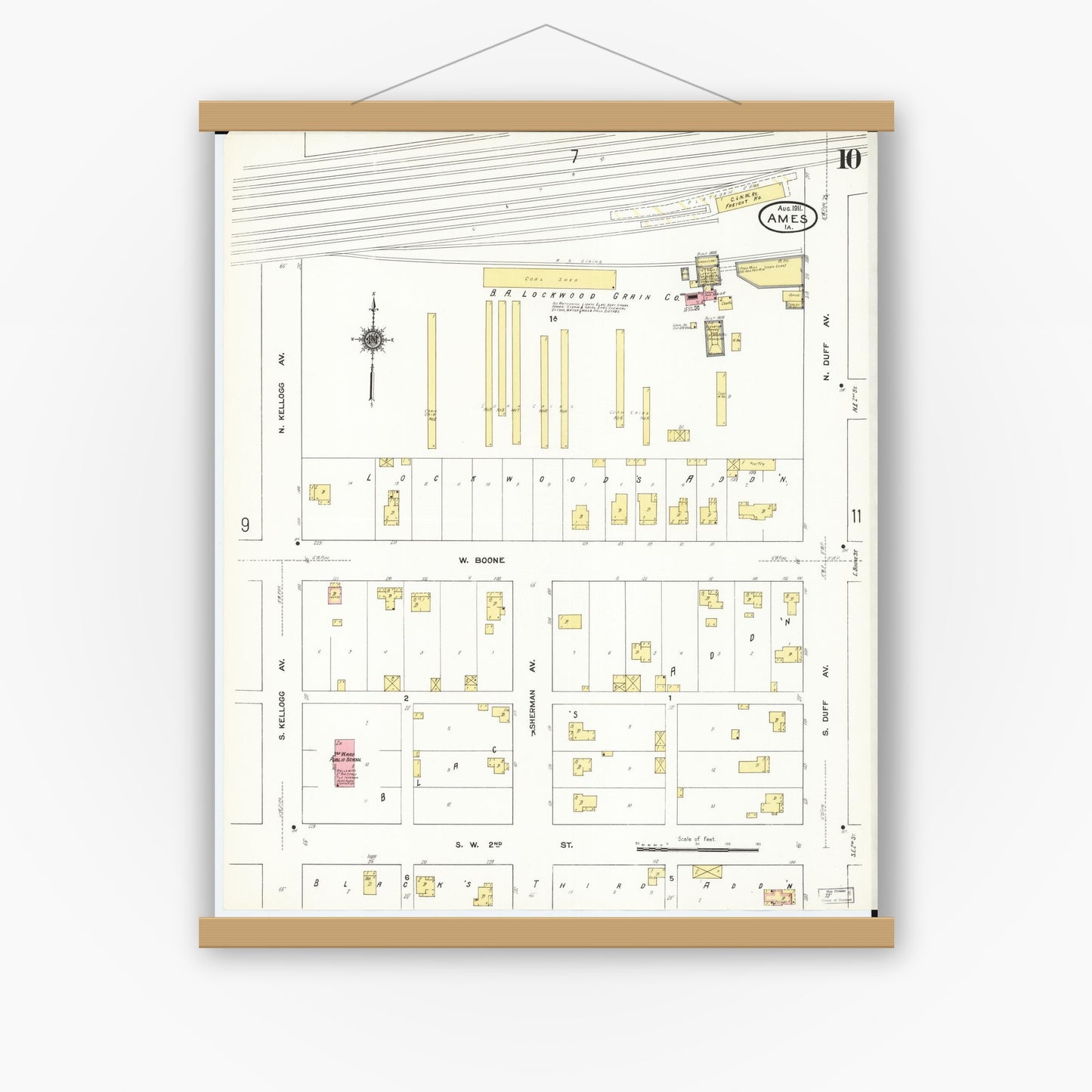 Old map wall art mockup — magnetic wood frame on white wall — Sanborn Fire Insurance Map from Ames, Story County, Iowa (1911), Sheet #0010