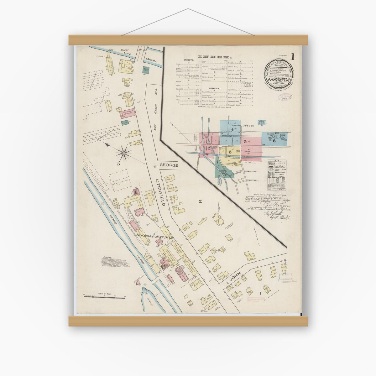 Old map wall art mockup — magnetic wood frame on white wall — Sanborn Fire Insurance Map from Frankfort, Herkimer County, New York (1886), Sheet #0001