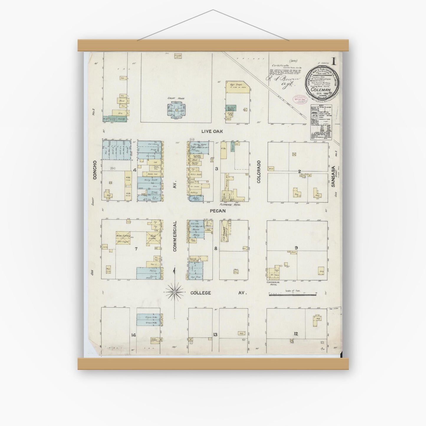Old map wall art mockup — magnetic wood frame on white wall — Sanborn Fire Insurance Map from Coleman, Coleman County, Texas (1888) - Complete Map Set