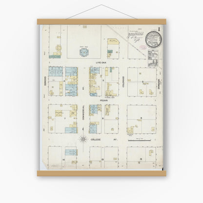 Old map wall art mockup — magnetic wood frame on white wall — Sanborn Fire Insurance Map from Coleman, Coleman County, Texas (1888) - Complete Map Set