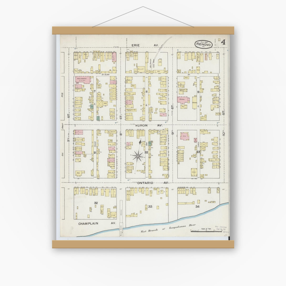 Old map wall art mockup — magnetic wood frame on white wall — Sanborn Fire Insurance Map from Renovo, Clinton County, Pennsylvania (1887), Sheet #0004