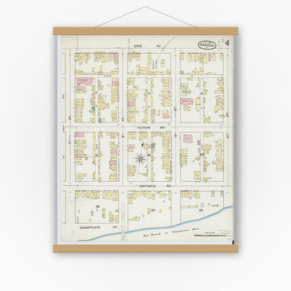 Old map wall art mockup — magnetic wood frame on white wall — Sanborn Fire Insurance Map from Renovo, Clinton County, Pennsylvania (1887), Sheet #0004