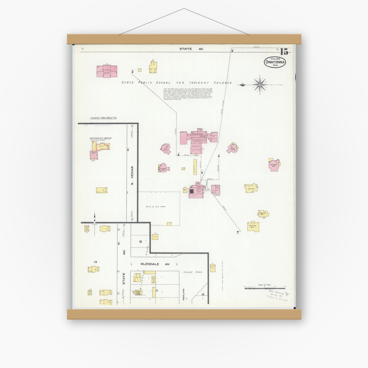 Old map wall art mockup — magnetic wood frame on white wall — Sanborn Fire Insurance Map from Owatonna, Steele County, Minnesota (1909), Sheet #0015