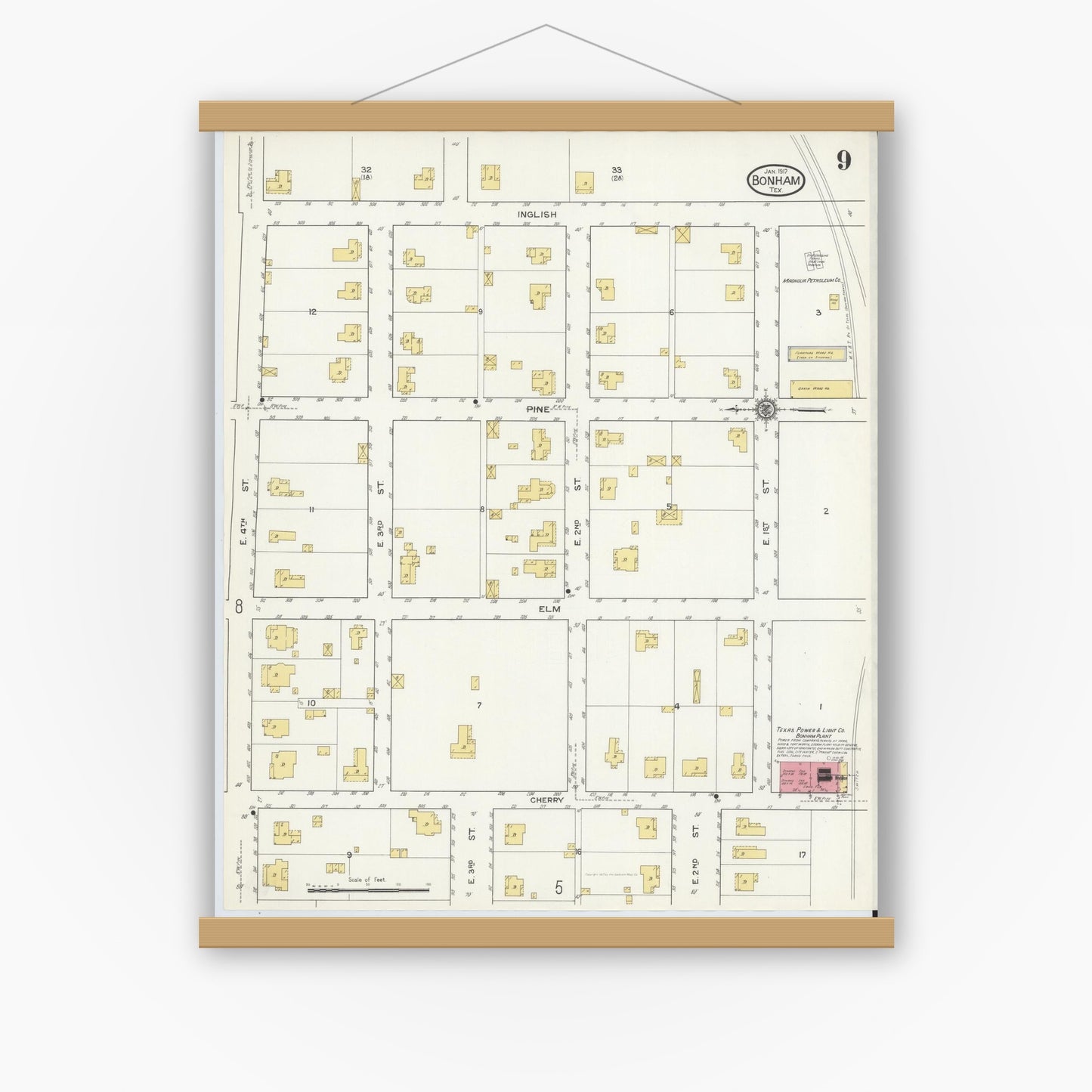 Old map wall art mockup — magnetic wood frame on white wall — Sanborn Fire Insurance Map from Bonham, Fannin County, Texas (1917), Sheet #0009