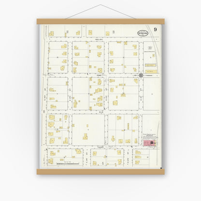 Old map wall art mockup — magnetic wood frame on white wall — Sanborn Fire Insurance Map from Bonham, Fannin County, Texas (1917), Sheet #0009