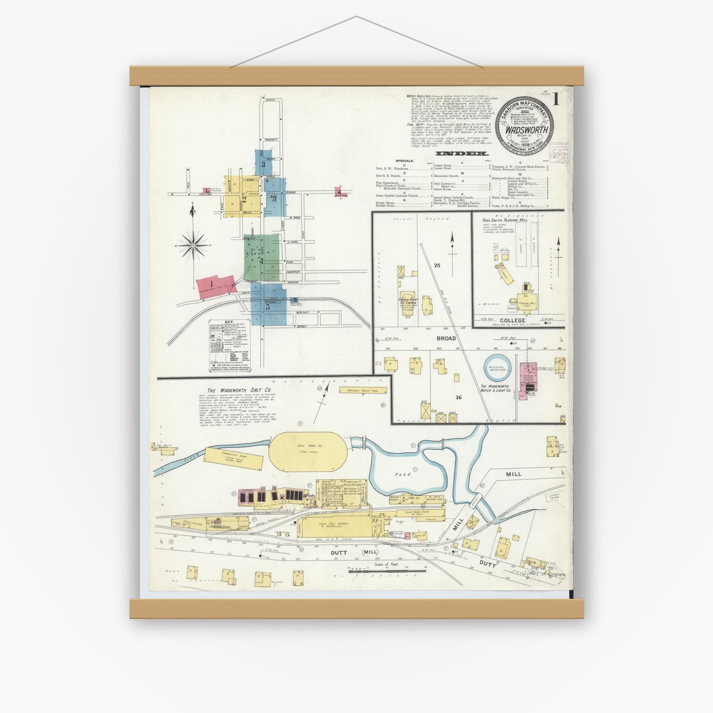 Old map wall art mockup — magnetic wood frame on white wall — Sanborn Fire Insurance Map from Wadsworth, Medina County, Ohio (1908) - Complete Map Set