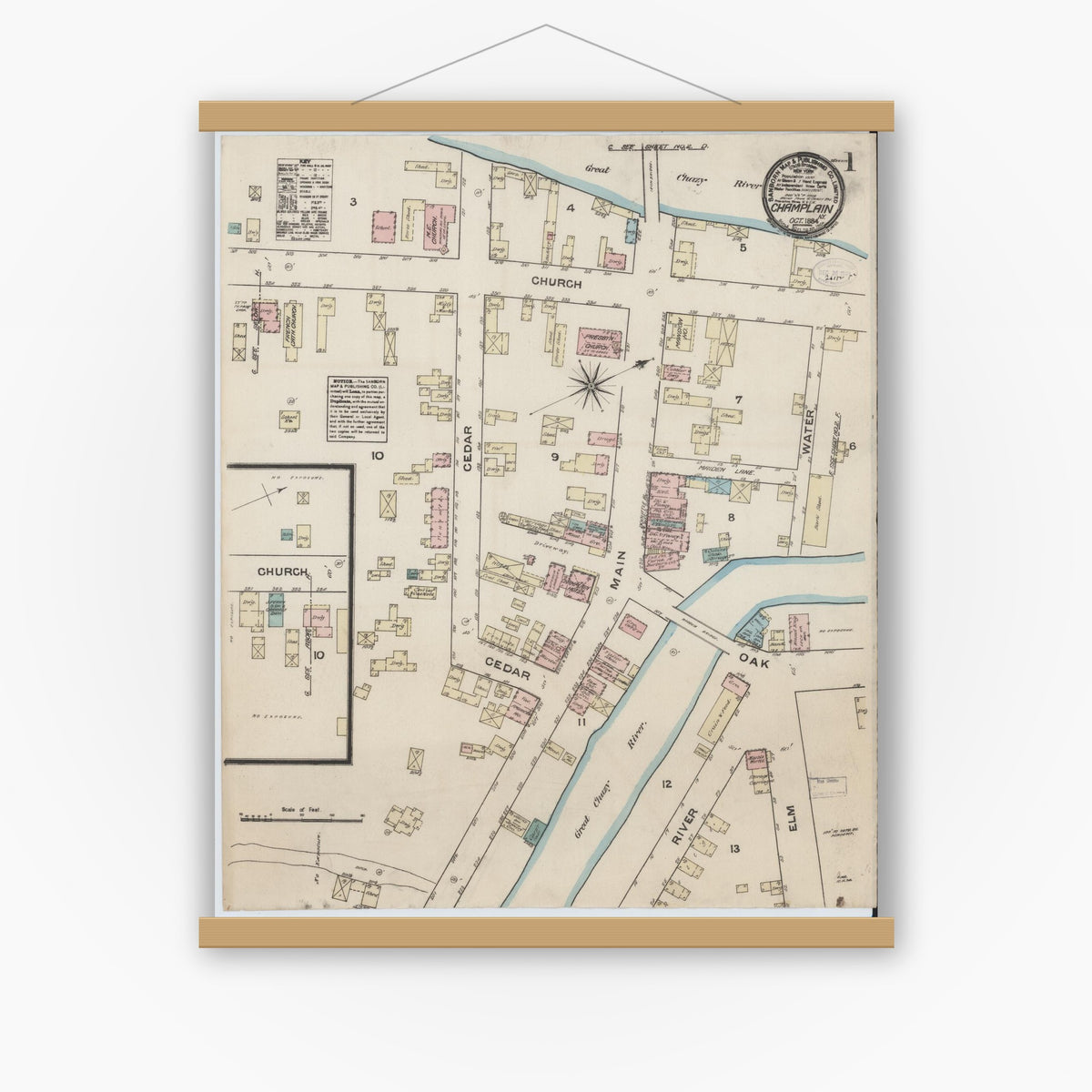 Old map wall art mockup — magnetic wood frame on white wall — Sanborn Fire Insurance Map from Champlain, Clinton County, New York (1884) - Complete Map Set