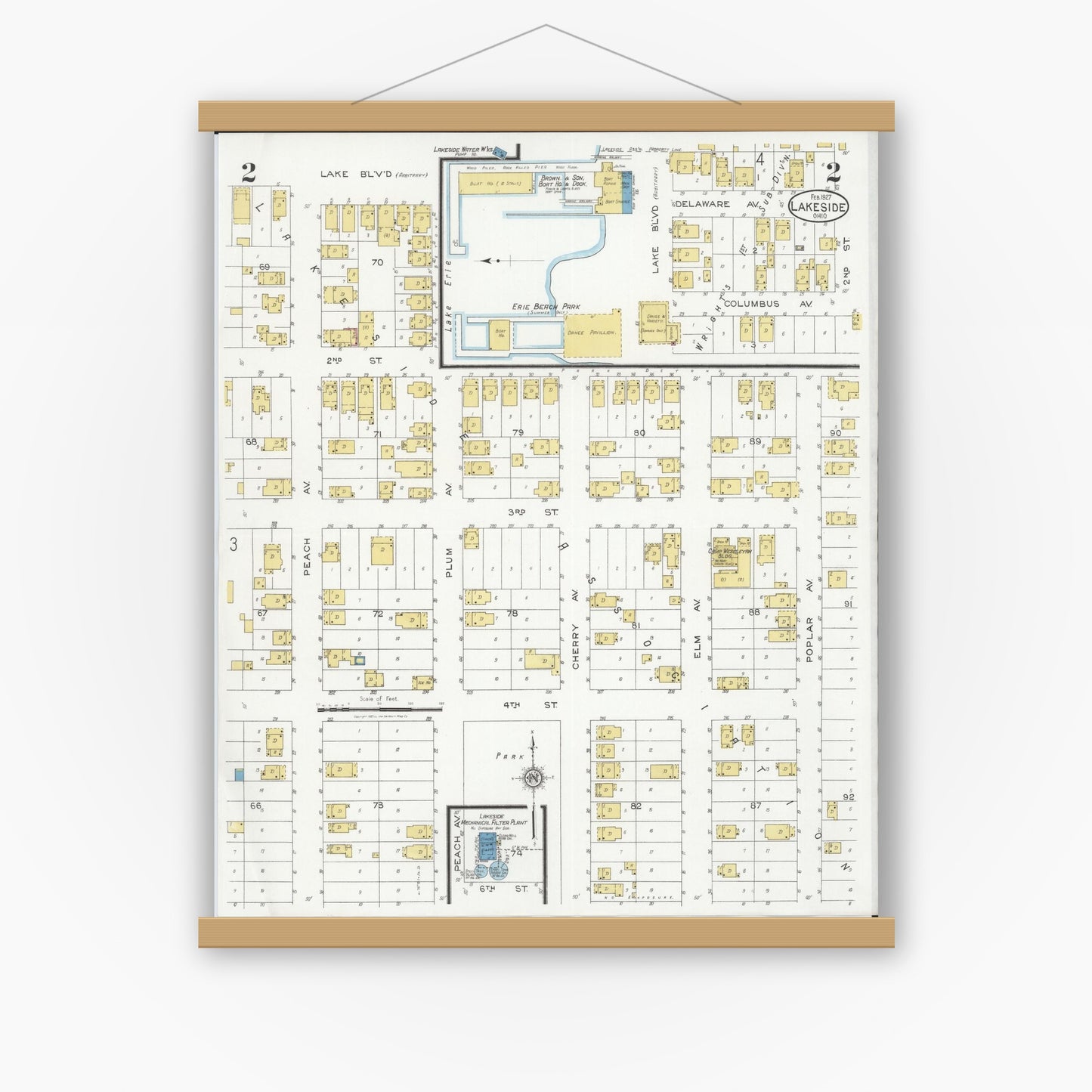 Old map wall art mockup — magnetic wood frame on white wall — Sanborn Fire Insurance Map from Lakeside, Ottawa County, Ohio (1927), Sheet #0002