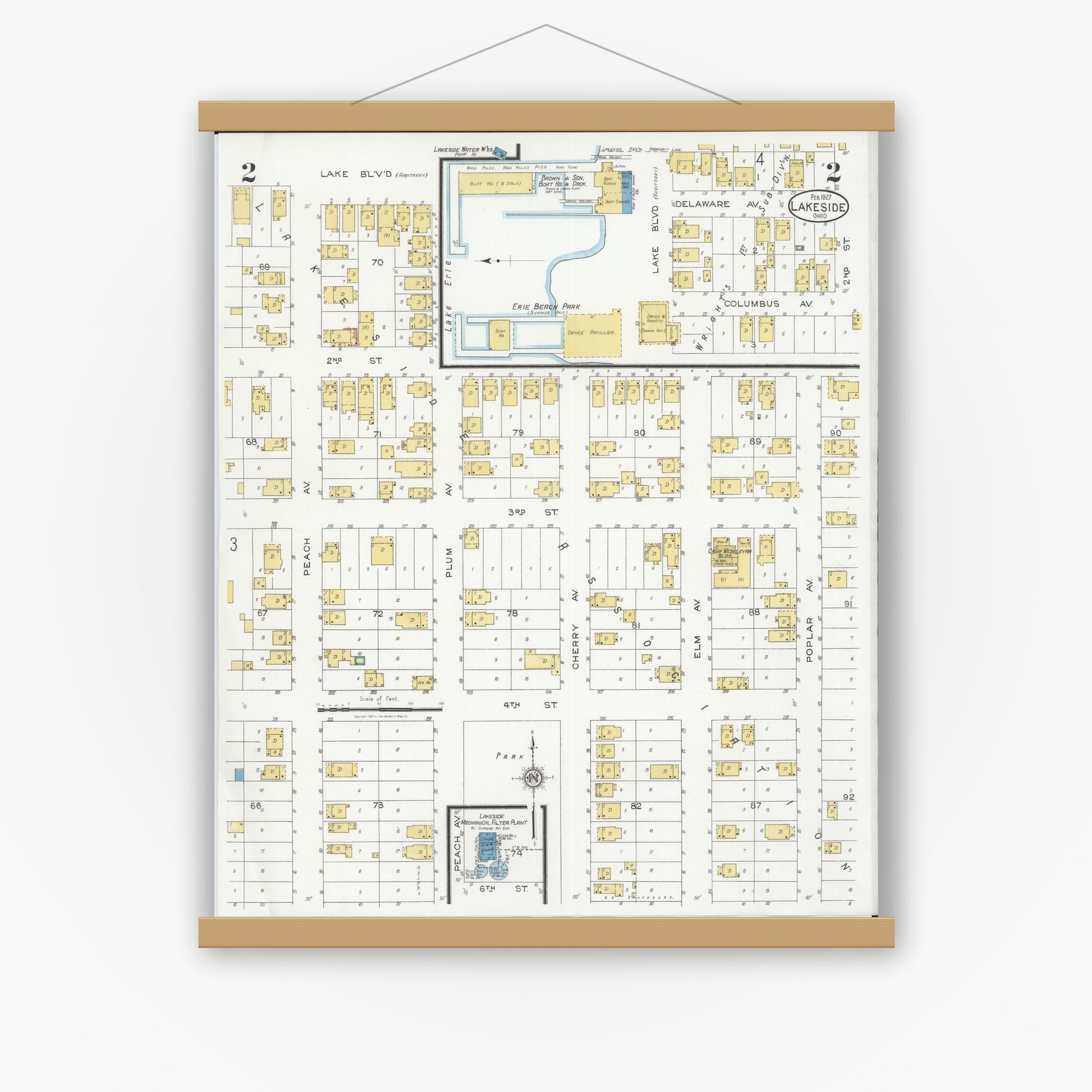 Old map wall art mockup — magnetic wood frame on white wall — Sanborn Fire Insurance Map from Lakeside, Ottawa County, Ohio (1927), Sheet #0002