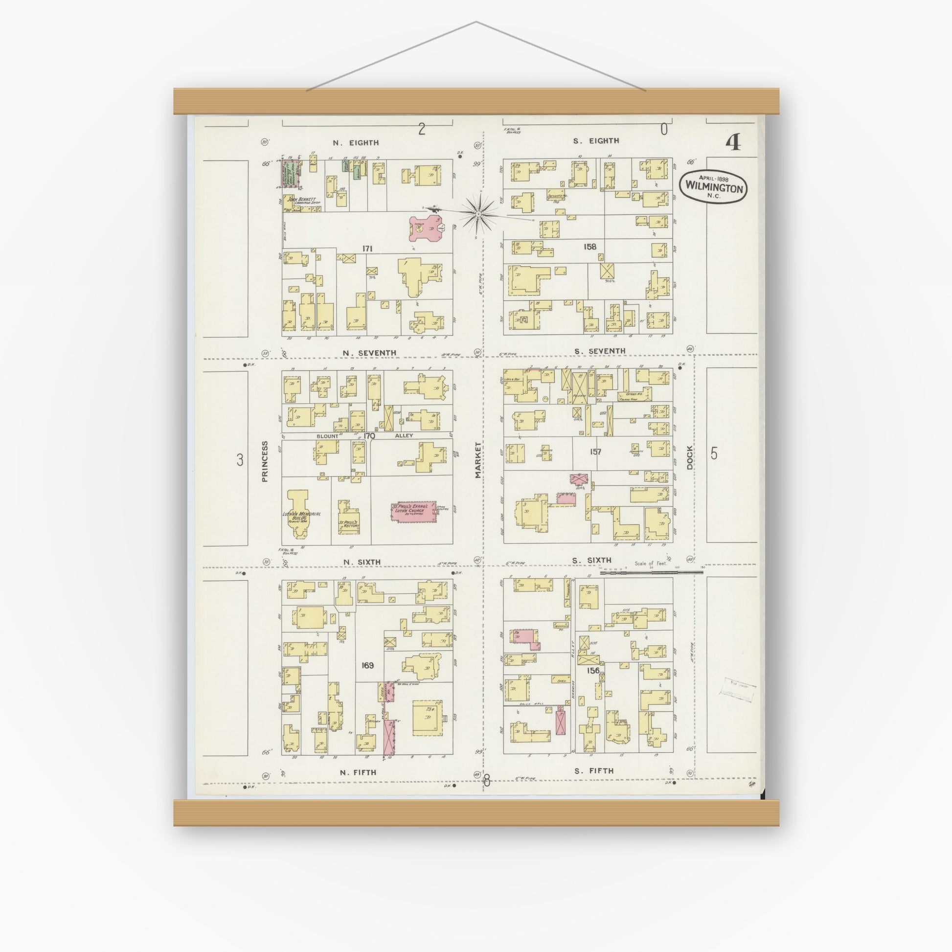 Old map wall art mockup — magnetic wood frame on white wall — Sanborn Fire Insurance Map from Wilmington, New Hanover County, North Carolina (1898), Sheet #0004