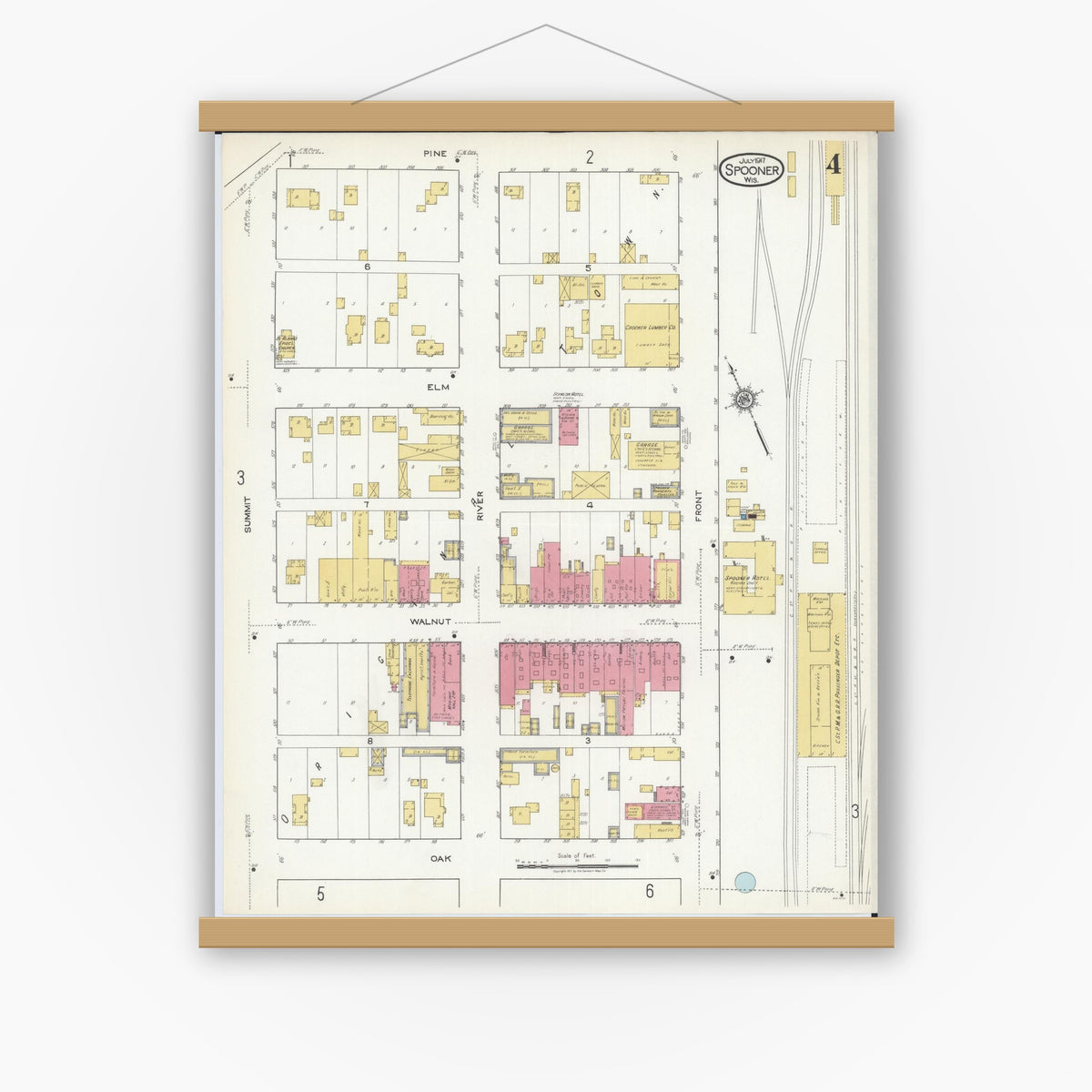 Old map wall art mockup — magnetic wood frame on white wall — Sanborn Fire Insurance Map from Spooner, Washburn County, Wisconsin (1917), Sheet #0004