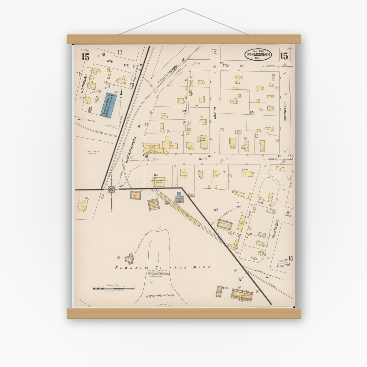 Old map wall art mockup — magnetic wood frame on white wall — Sanborn Fire Insurance Map from Iron Mountain, Dickinson County, Michigan (1923), Sheet #0015