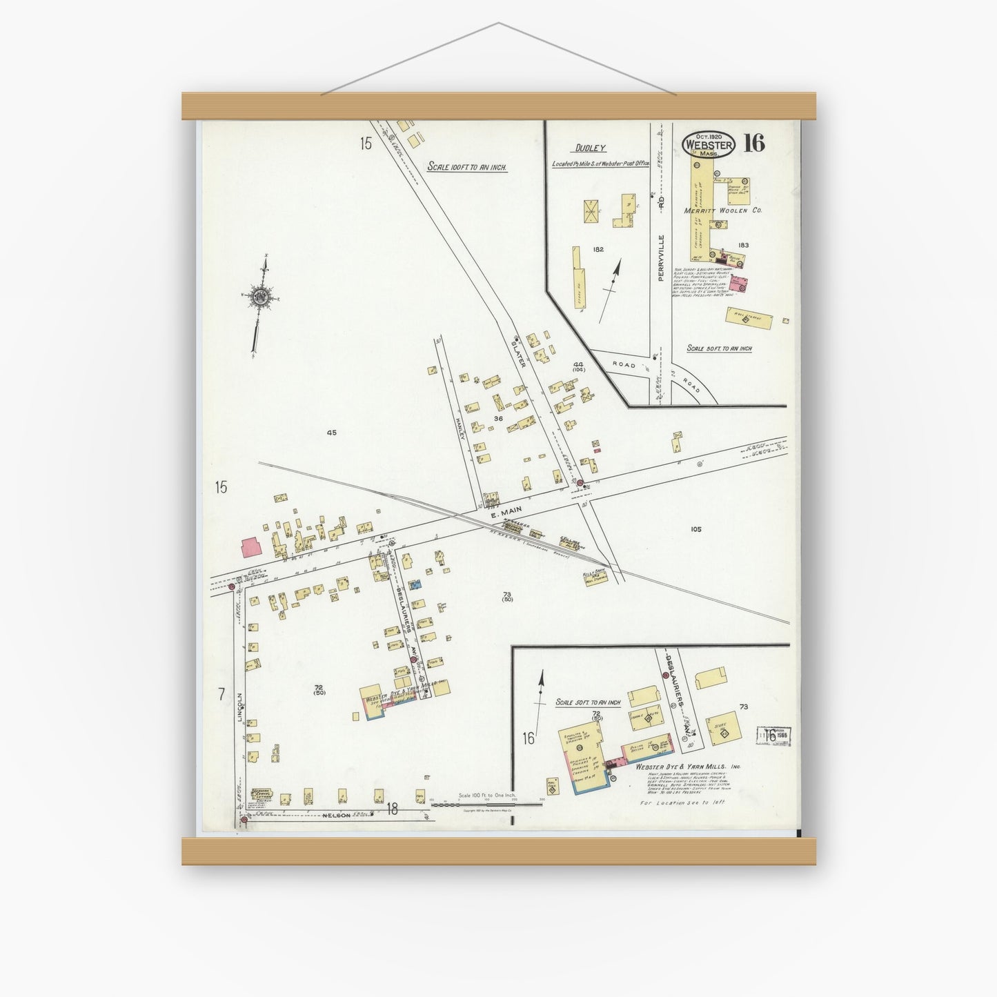 Old map wall art mockup — magnetic wood frame on white wall — Sanborn Fire Insurance Map from Webster, Worcester County, Massachusetts (1920), Sheet #0016