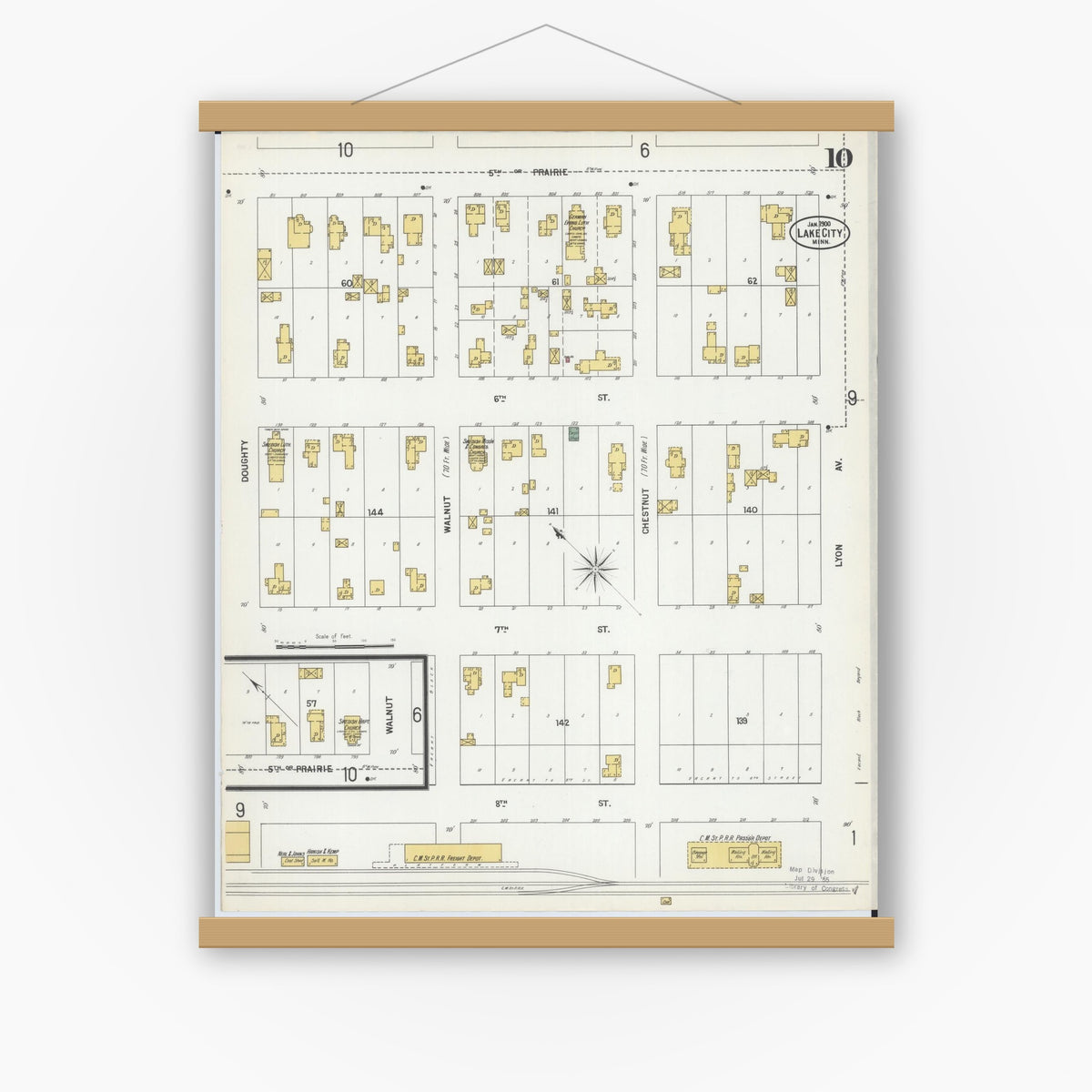 Old map wall art mockup — magnetic wood frame on white wall — Sanborn Fire Insurance Map from Lake City, Wabasha County, Minnesota (1900), Sheet #0010