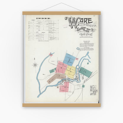 Old map wall art mockup — magnetic wood frame on white wall — Sanborn Fire Insurance Map from Ware, Hampshire County, Massachusetts (1892) - Complete Map Set