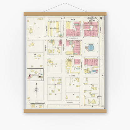 Old map wall art mockup — magnetic wood frame on white wall — Sanborn Fire Insurance Map from Gainesville, Cooke County, Texas (1897), Sheet #0005