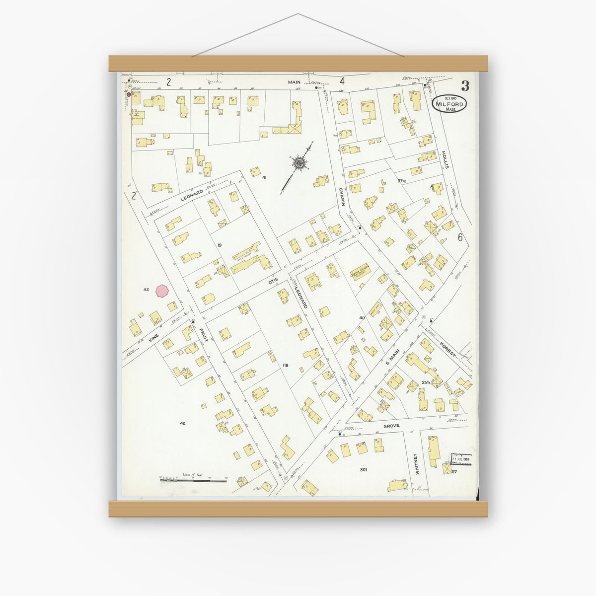 Old map wall art mockup — magnetic wood frame on white wall — Sanborn Fire Insurance Map from Milford, Worcester County, Massachusetts (1910), Sheet #0003
