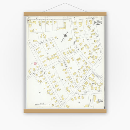Old map wall art mockup — magnetic wood frame on white wall — Sanborn Fire Insurance Map from Milford, Worcester County, Massachusetts (1910), Sheet #0003