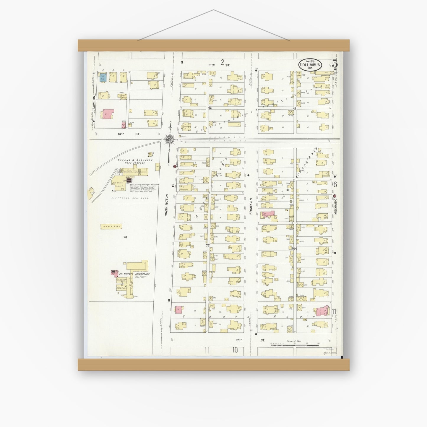 Old map wall art mockup — magnetic wood frame on white wall — Sanborn Fire Insurance Map from Columbus, Bartholomew County, Indiana (1912), Sheet #0005