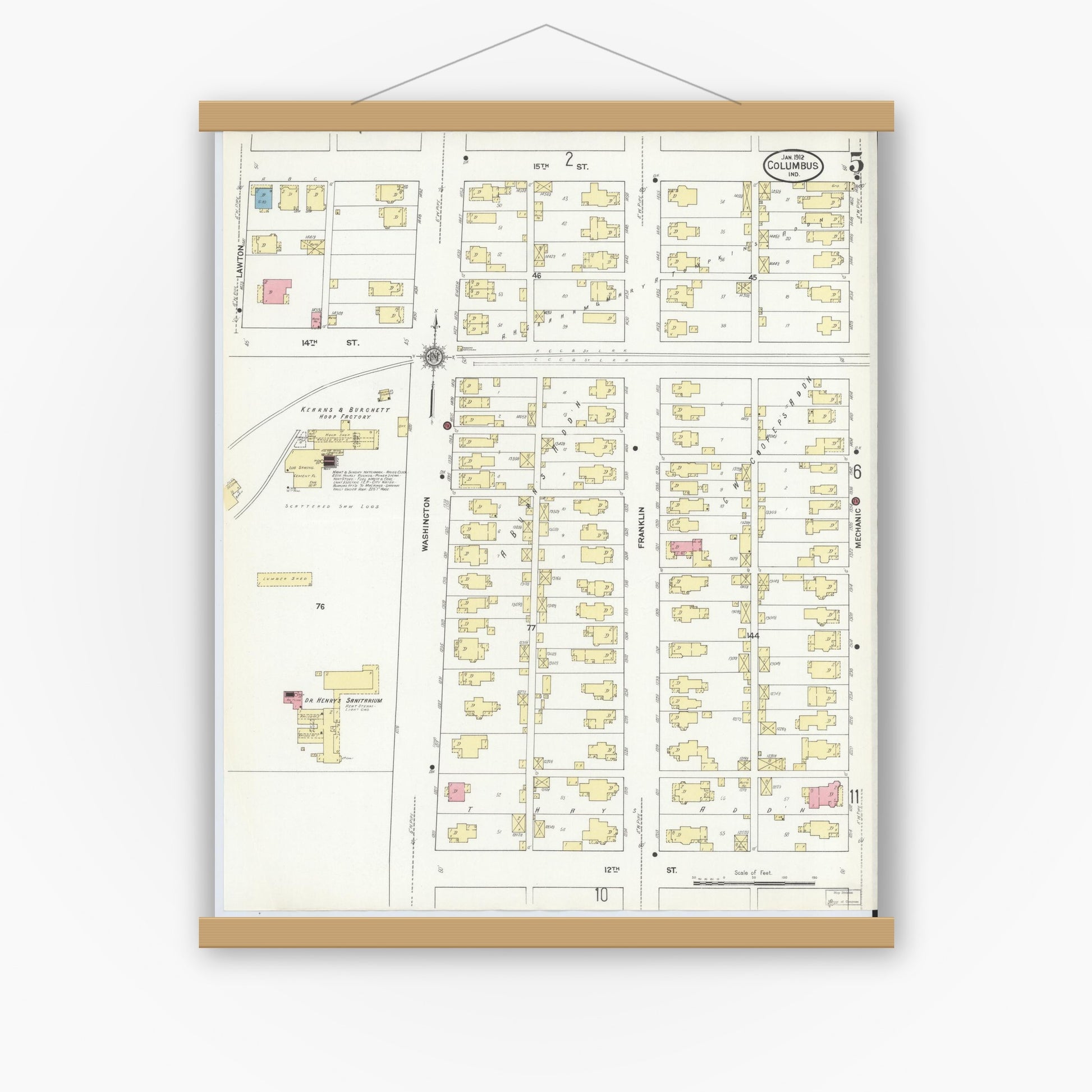 Old map wall art mockup — magnetic wood frame on white wall — Sanborn Fire Insurance Map from Columbus, Bartholomew County, Indiana (1912), Sheet #0005