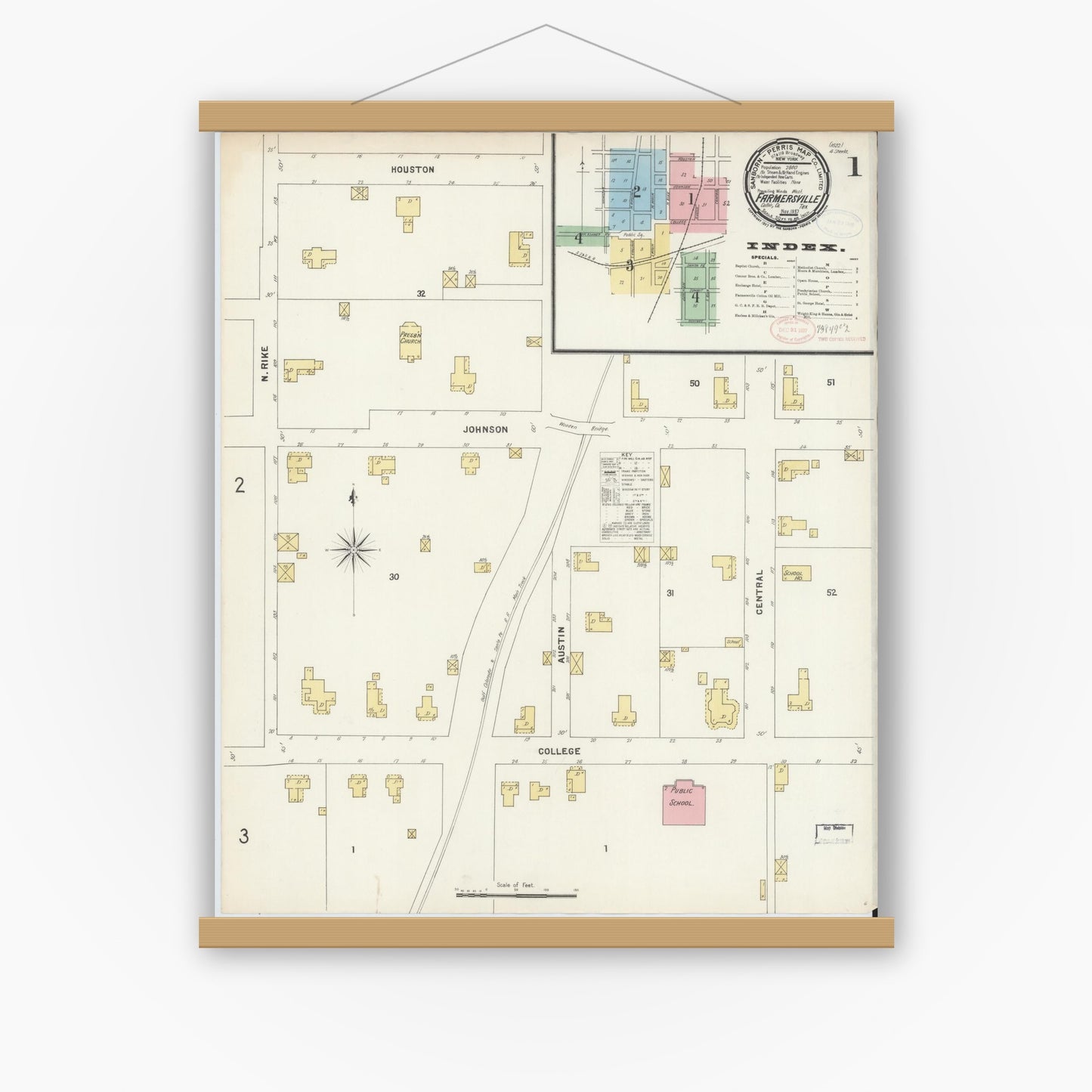 Old map wall art mockup — magnetic wood frame on white wall — Sanborn Fire Insurance Map from Farmersville, Collin County, Texas (1897), Sheet #0001
