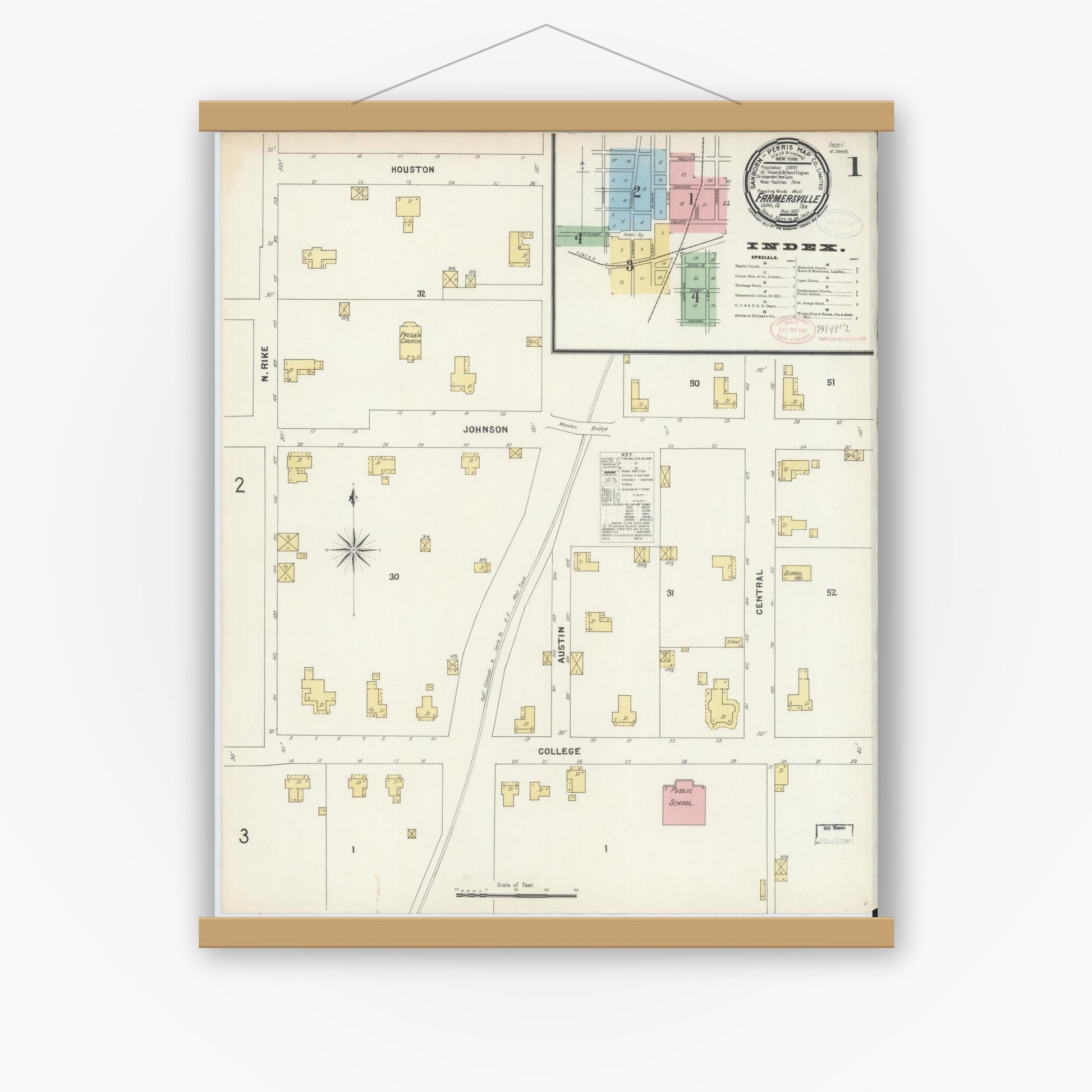 Old map wall art mockup — magnetic wood frame on white wall — Sanborn Fire Insurance Map from Farmersville, Collin County, Texas (1897), Sheet #0001