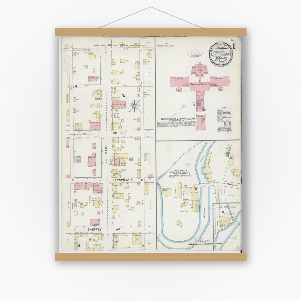 Old map wall art mockup — magnetic wood frame on white wall — Sanborn Fire Insurance Map from Marion, Smyth County, Virginia (1891) - Complete Map Set