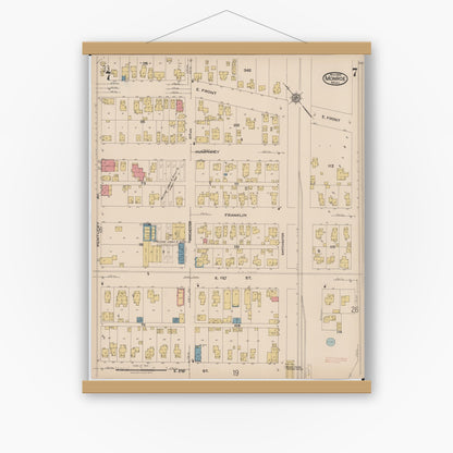 Old map wall art mockup — magnetic wood frame on white wall — Sanborn Fire Insurance Map from Monroe, Monroe County, Michigan (1922), Sheet #0007