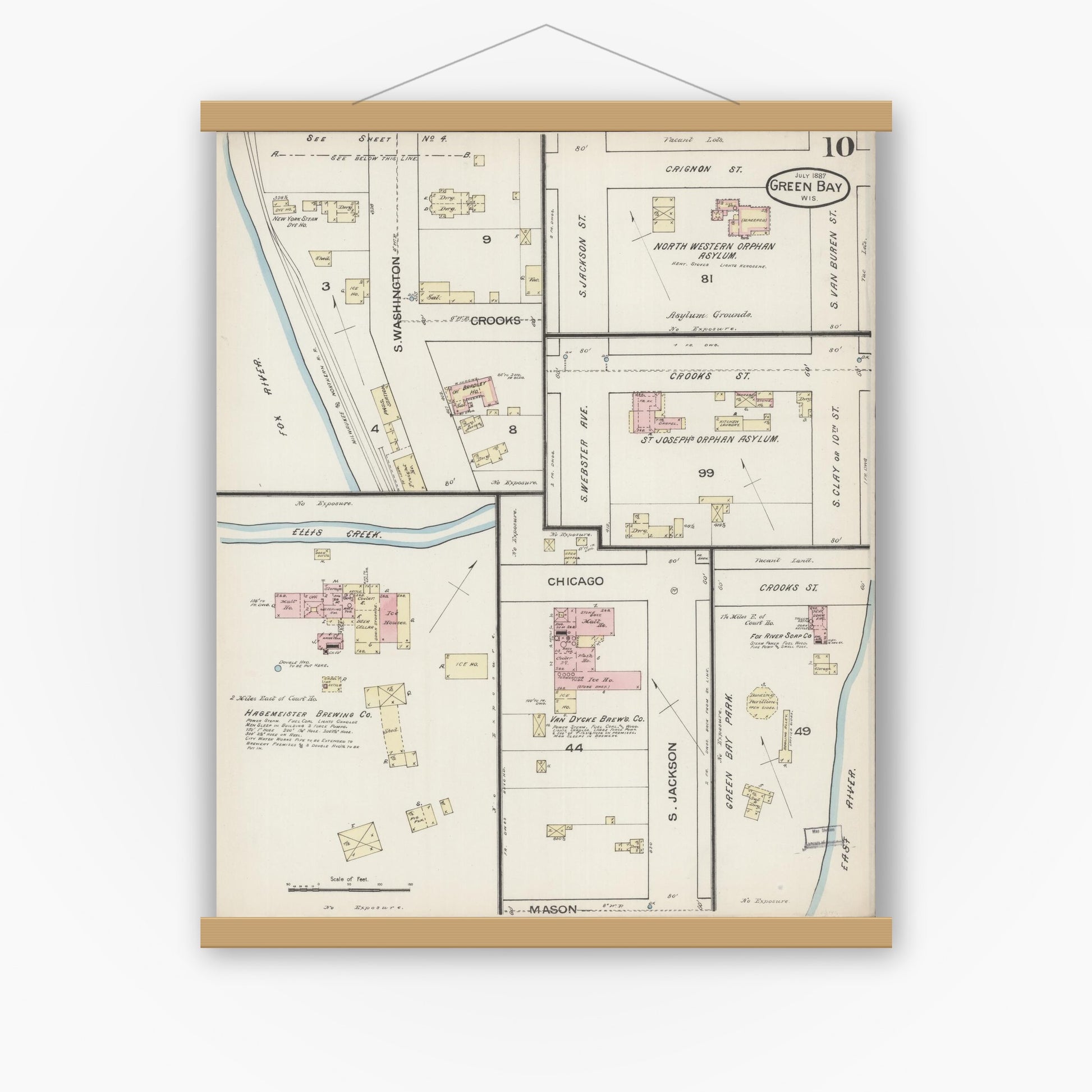 Old map wall art mockup — magnetic wood frame on white wall — Sanborn Fire Insurance Map from Green Bay, Brown County, Wisconsin (1887), Sheet #0010