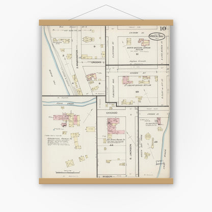 Old map wall art mockup — magnetic wood frame on white wall — Sanborn Fire Insurance Map from Green Bay, Brown County, Wisconsin (1887), Sheet #0010