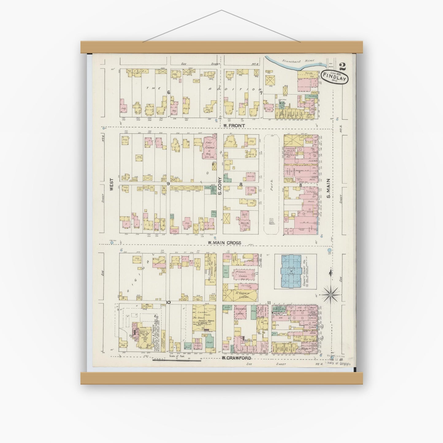 Old map wall art mockup — magnetic wood frame on white wall — Sanborn Fire Insurance Map from Findlay, Hancock County, Ohio (1890), Sheet #0002
