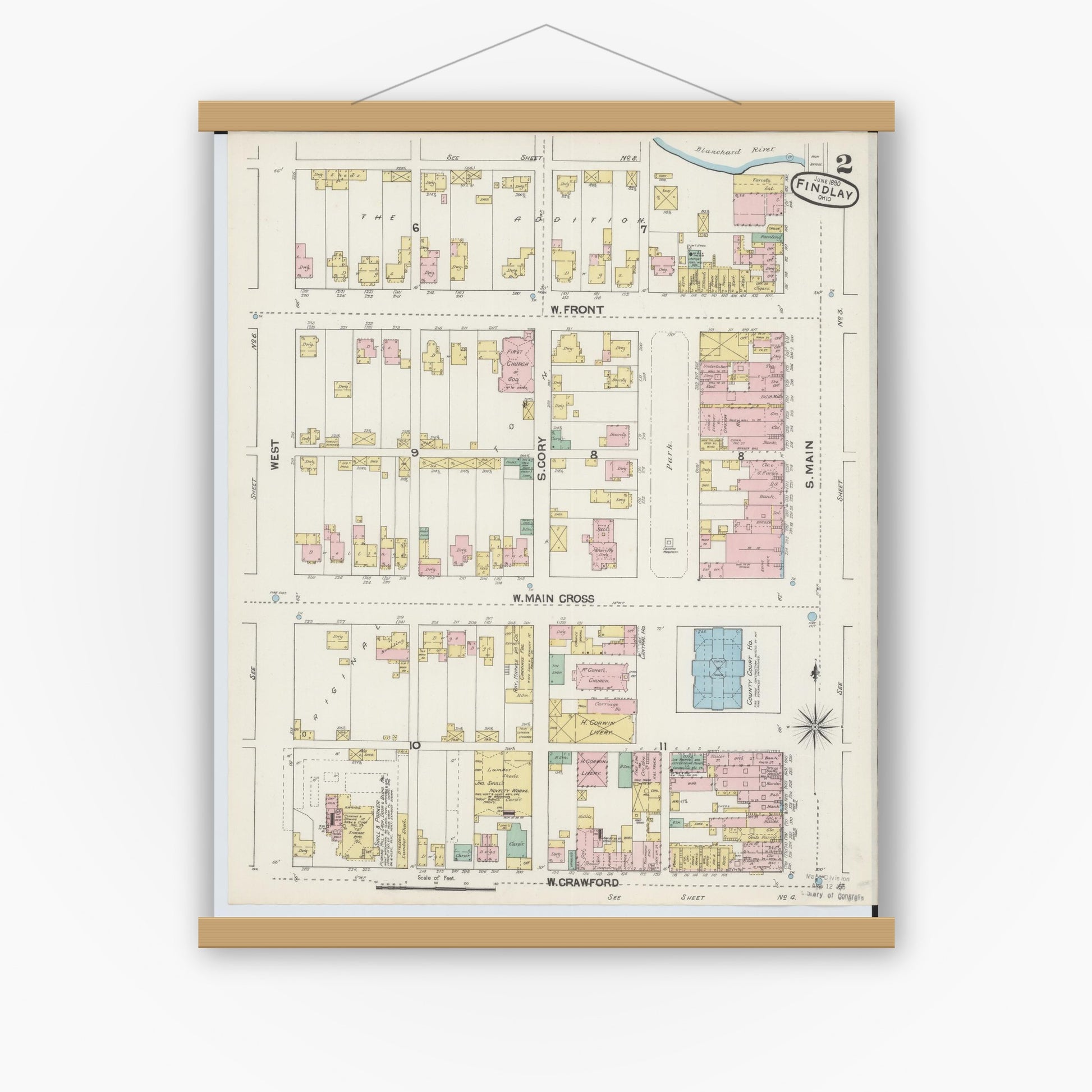 Old map wall art mockup — magnetic wood frame on white wall — Sanborn Fire Insurance Map from Findlay, Hancock County, Ohio (1890), Sheet #0002