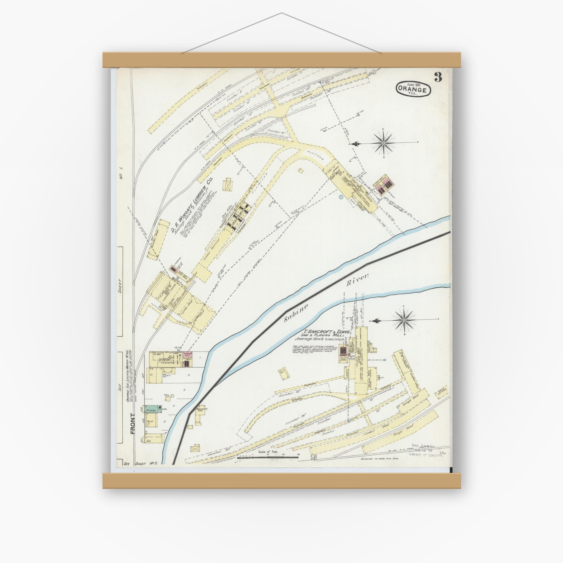 Old map wall art mockup — magnetic wood frame on white wall — Sanborn Fire Insurance Map from Orange, Orange County, Texas (1891), Sheet #0003