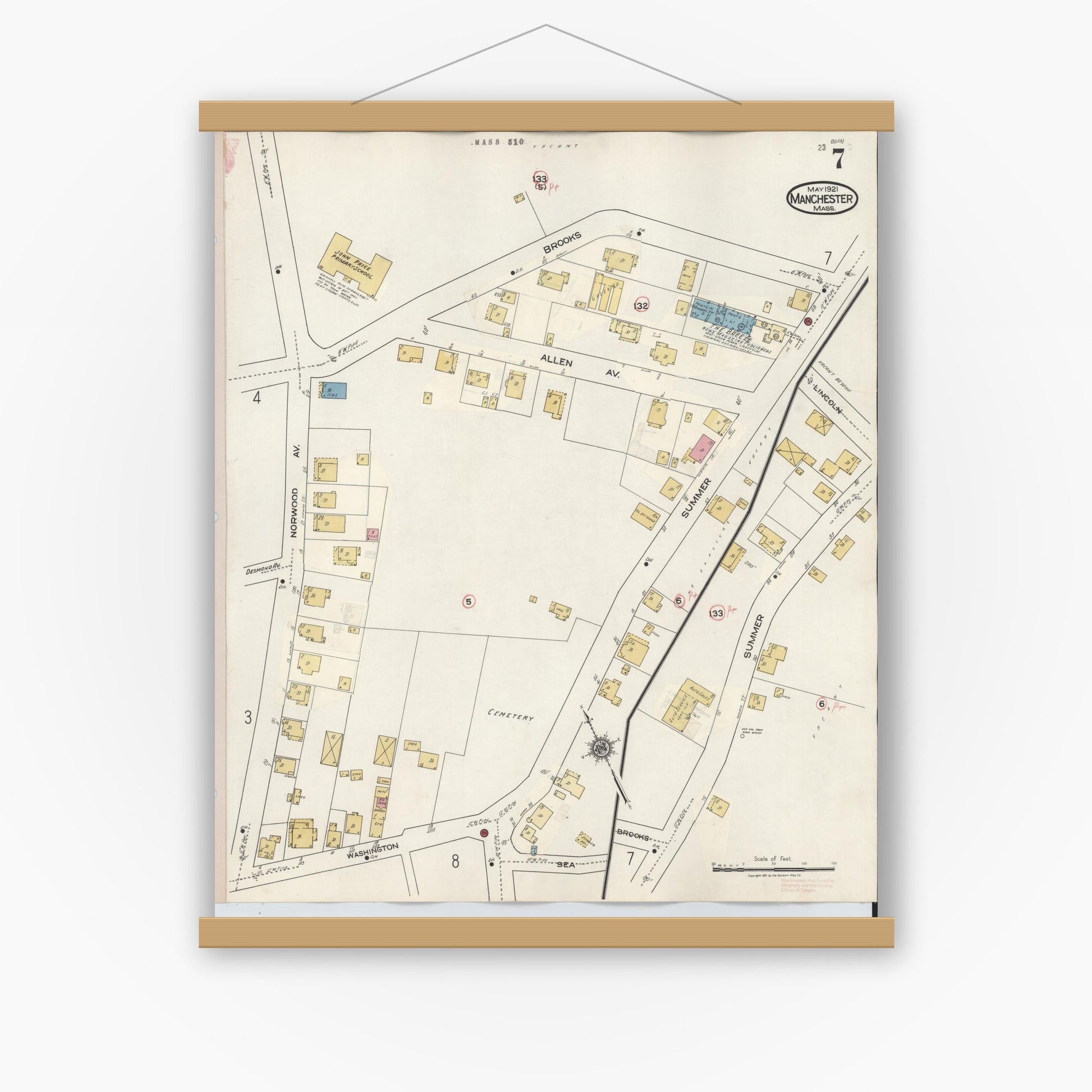 Old map wall art mockup — magnetic wood frame on white wall — Sanborn Fire Insurance Map from Manchester, Essex County, Massachusetts (1941), Sheet #0007
