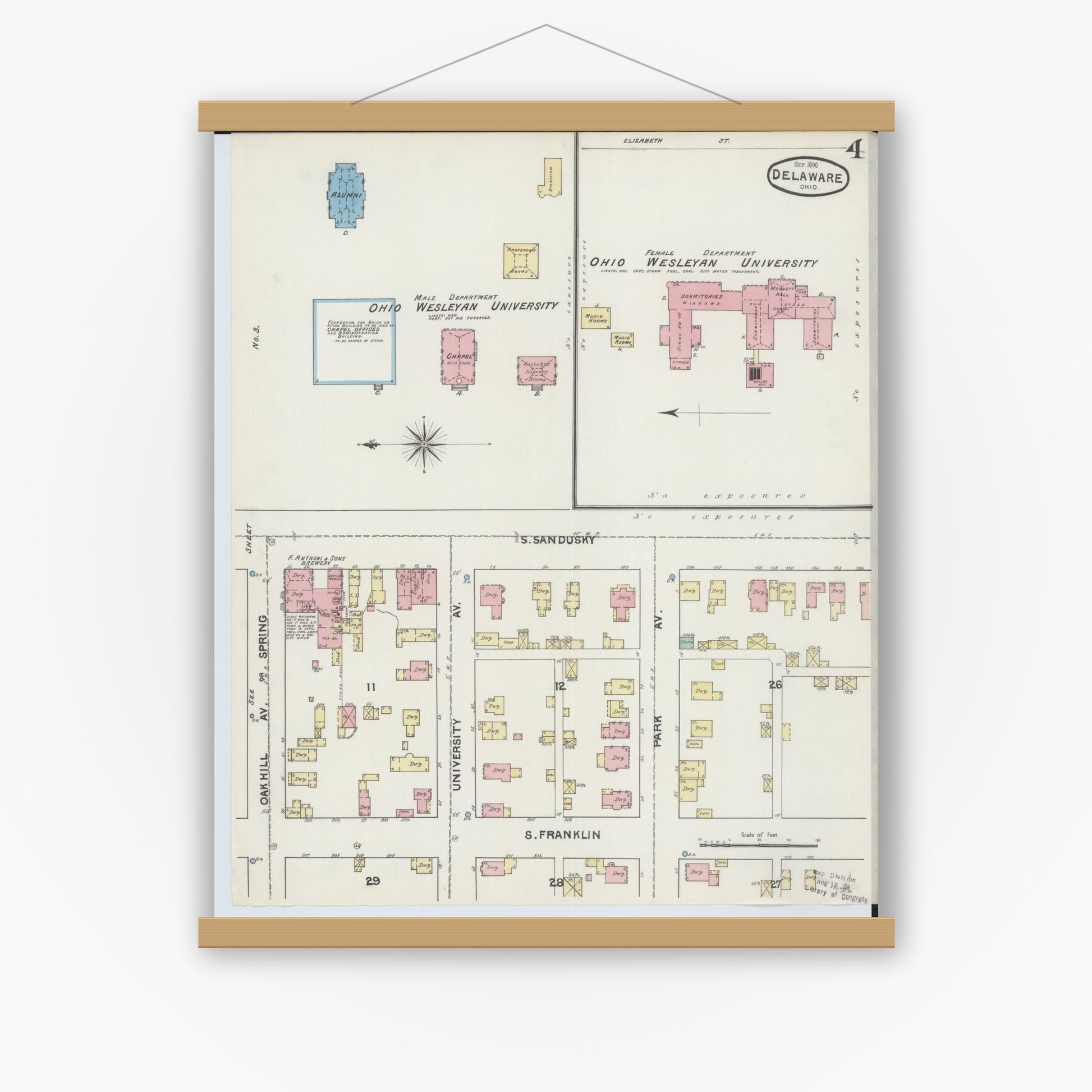Old map wall art mockup — magnetic wood frame on white wall — Sanborn Fire Insurance Map from Delaware, Delaware County, Ohio (1890), Sheet #0004