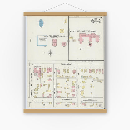 Old map wall art mockup — magnetic wood frame on white wall — Sanborn Fire Insurance Map from Delaware, Delaware County, Ohio (1890), Sheet #0004