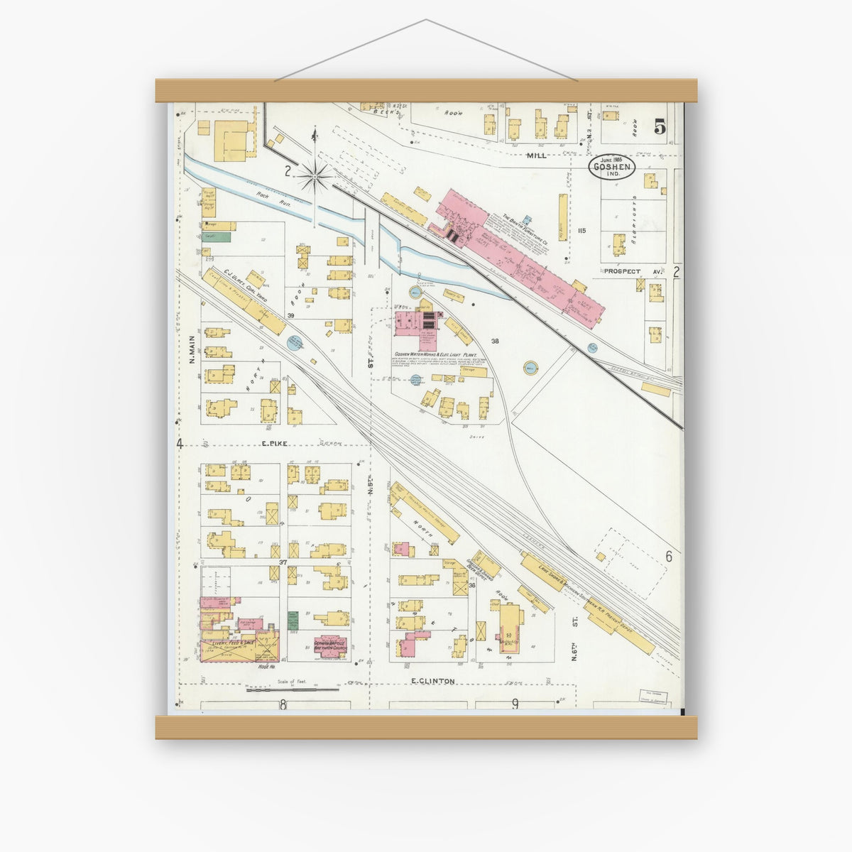 Old map wall art mockup — magnetic wood frame on white wall — Sanborn Fire Insurance Map from Goshen, Elkhart County, Indiana (1905), Sheet #0005