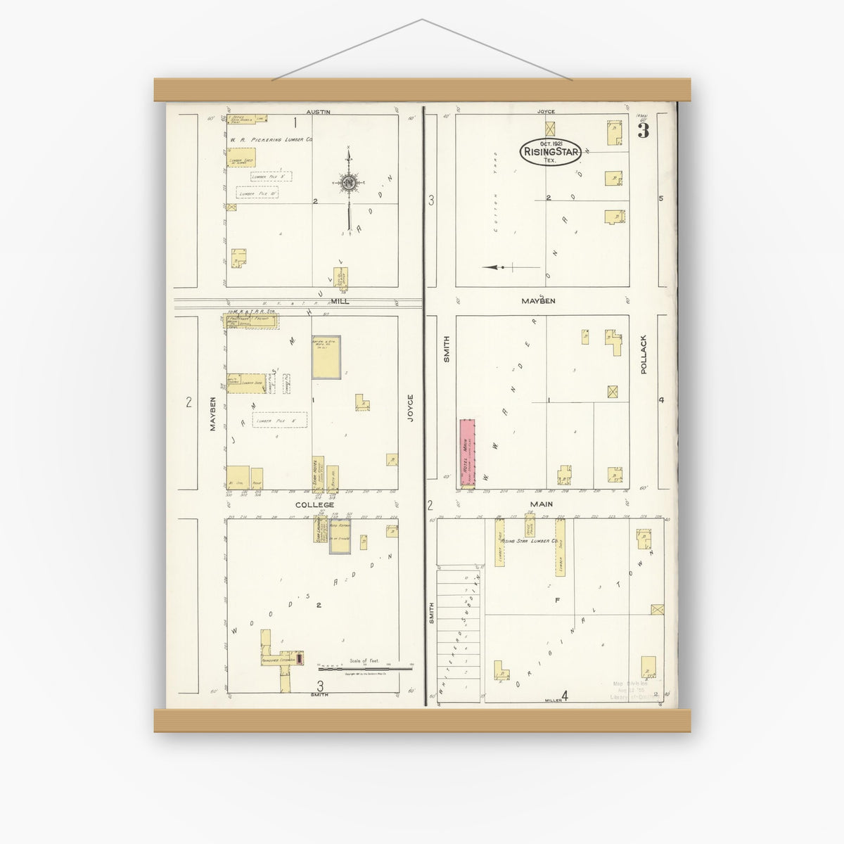 Old map wall art mockup — magnetic wood frame on white wall — Sanborn Fire Insurance Map from Rising Star, Eastland County, Texas (1921), Sheet #0003