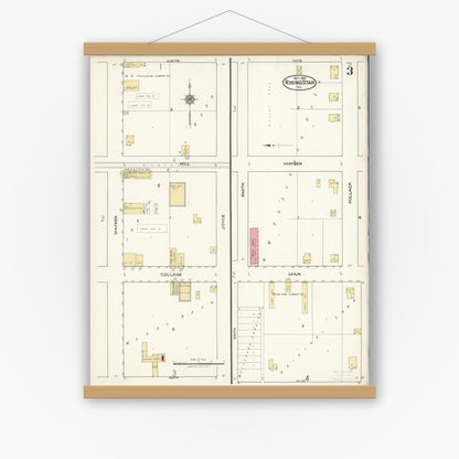 Old map wall art mockup — magnetic wood frame on white wall — Sanborn Fire Insurance Map from Rising Star, Eastland County, Texas (1921), Sheet #0003