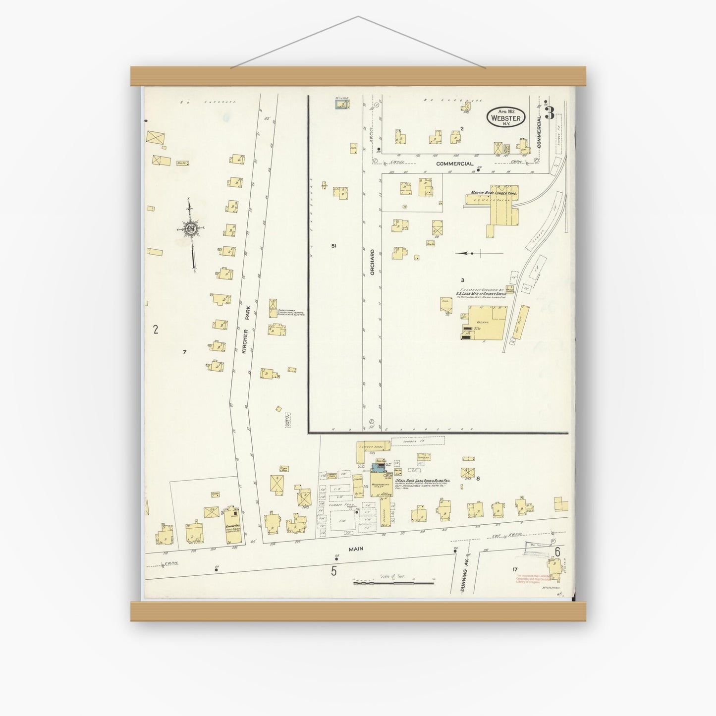 Old map wall art mockup — magnetic wood frame on white wall — Sanborn Fire Insurance Map from Webster, Monroe County, New York (1912), Sheet #0003