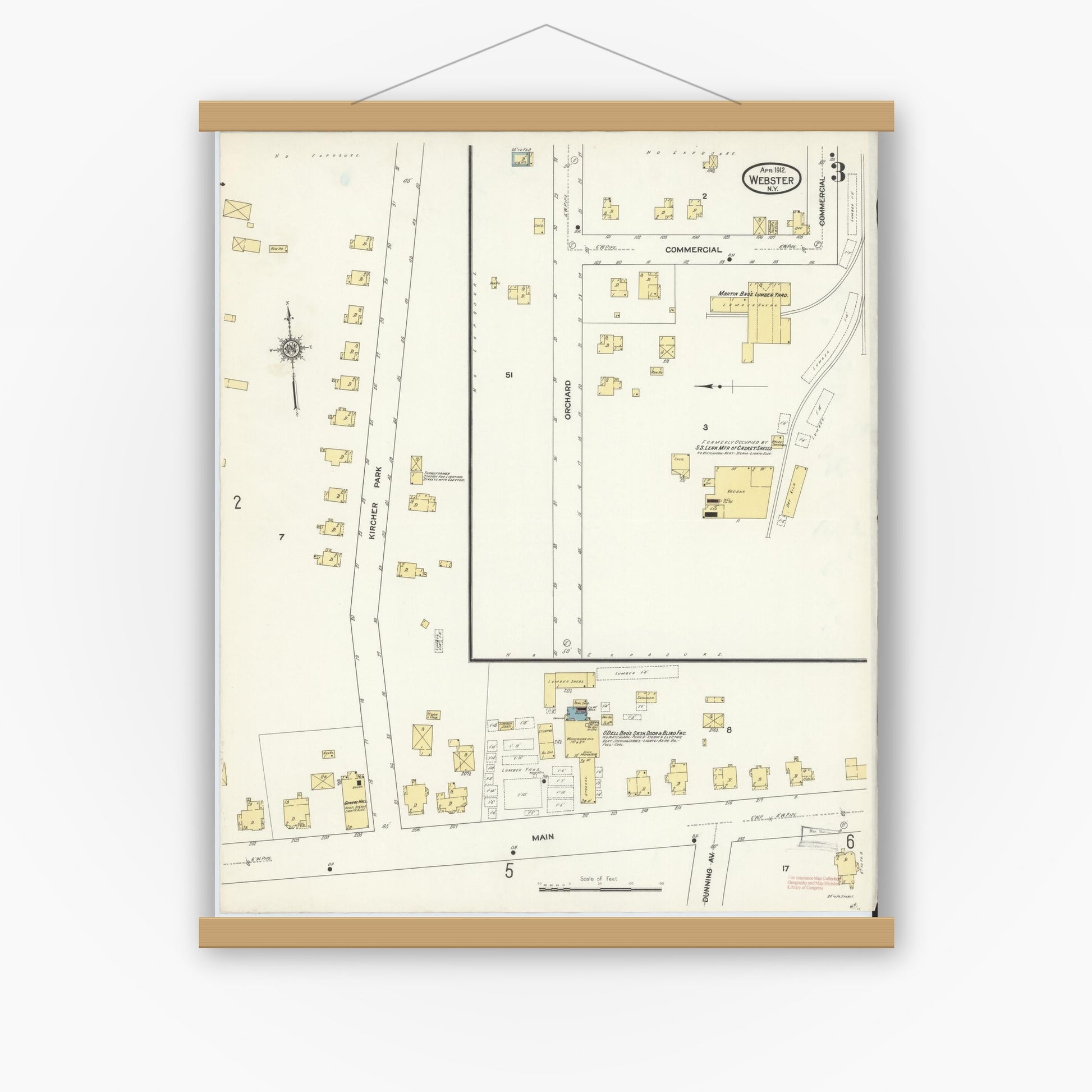 Old map wall art mockup — magnetic wood frame on white wall — Sanborn Fire Insurance Map from Webster, Monroe County, New York (1912), Sheet #0003