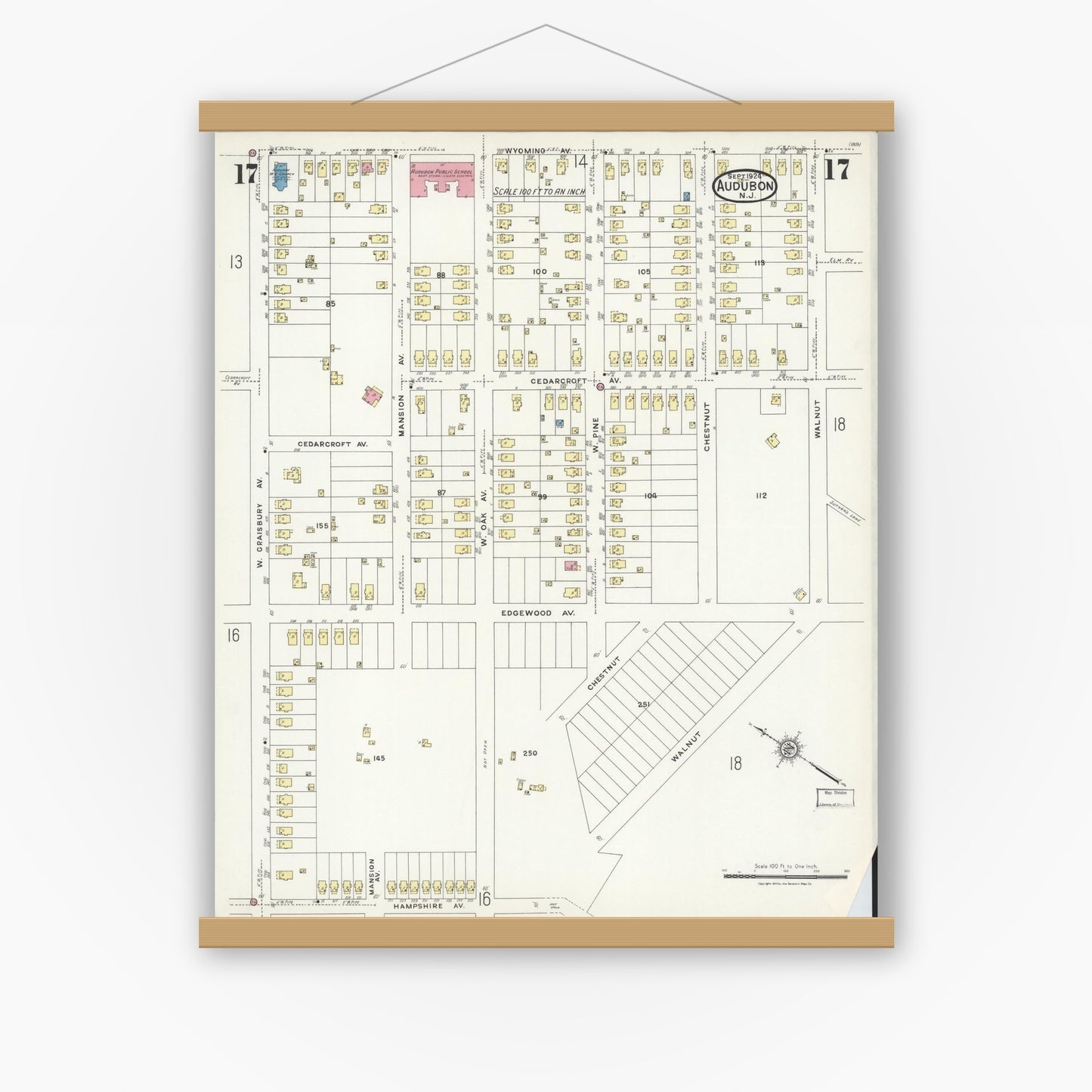 Old map wall art mockup — magnetic wood frame on white wall — Sanborn Fire Insurance Map from Audubon, Camden County, New Jersey (1924), Sheet #0017