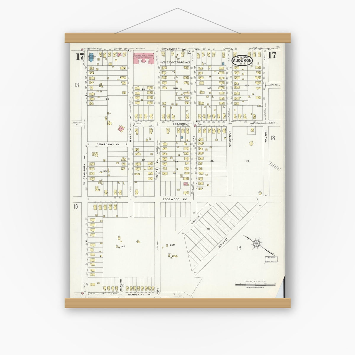 Old map wall art mockup — magnetic wood frame on white wall — Sanborn Fire Insurance Map from Audubon, Camden County, New Jersey (1924), Sheet #0017